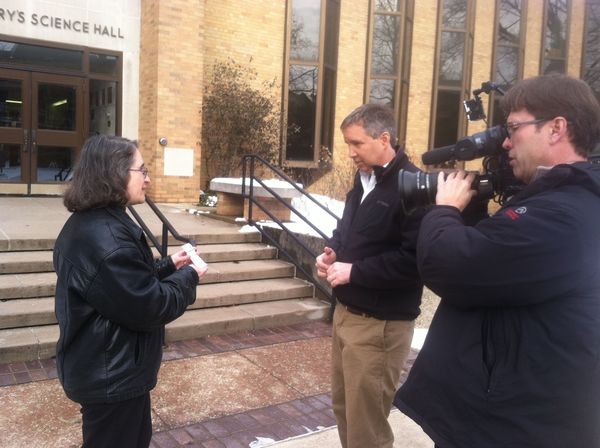 Fox National news reporter Douglas Kennedy interviewing Marya Lieberman at Saint Mary's College on a snowy day in January, 2014